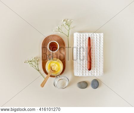 Eco Friendly, Wellness, Spa Composition With Towel, Citrus Scrub, Oil And Massage Stown And Stick On