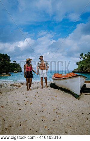 Playa Lagun Beach Cliff Curacao, Beautiful Tropical Bay With White Sand And Blue Ocean Curacao Carib