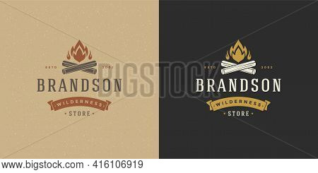 Campfire Logo Emblem Vector Illustration Outdoor Forest Camping Bonfire Silhouette For Shirt Or Prin