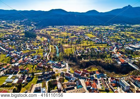 Town Of Ogulin And Dobra River Canyon Aerial Panoramic View, Landscape Of Central Croatia