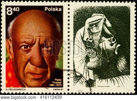 Moscow, Russia - April 08, 2021: Stamp Printed In Poland, Shows Portrait Of Spanish Painter Pablo Pi