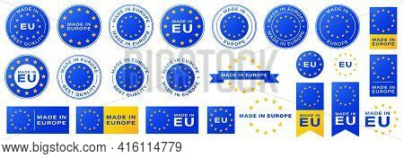 Labeling - Made In Europe. Stamps And Tapes With Yellow Stars For Packaging Products And Other Consu