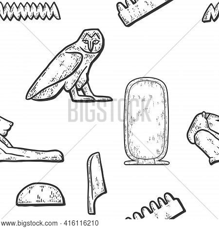 Cartouche Egyptian Seamless Background. Sketch Scratch Board Imitation. Black And White.