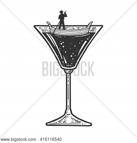 Gondola Boat In Martini Cocktail Glass Sketch Engraving Vector Illustration. T-shirt Apparel Print D