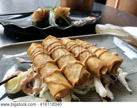 Duck Harumaki Spring Rolls With Yum Sauce
