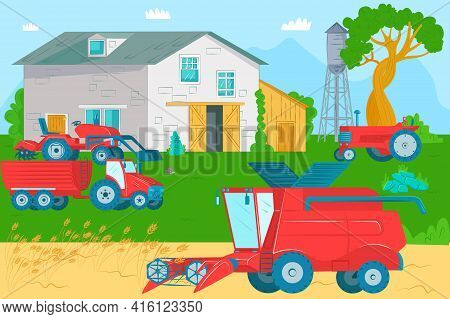 Harvesting With Agricultural Machinery, Vector Illustration. Business Echnology Industrial Growth Fo