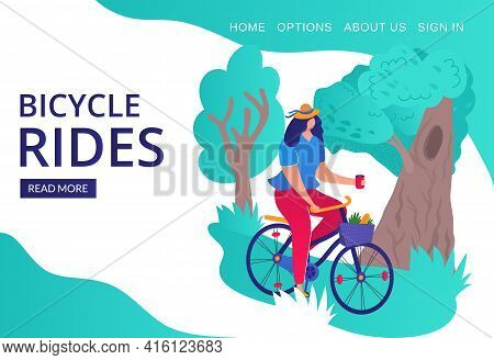 Cartoon Positive Girl Drive Bike, Bicycle Rides Outdoors, Vector Illustration. Sports In City Park M