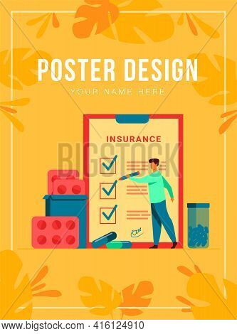 Health Insurance Agreement. Man Studying Insurance List Among Medical Drugs And Hospital Pills. Can 