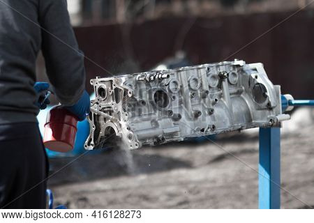 Washing The Engine Block. Disassembled Engine From The Car.