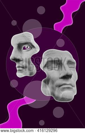 Collage With Sculpture Of Human Face In A Pop Art Style. Modern Creative Concept Image With Ancient 