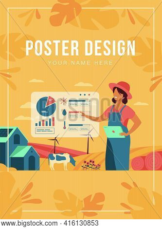 Happy Female Farmer Working On Farm To Feed Population Flat Vector Illustration. Cartoon Farm With A