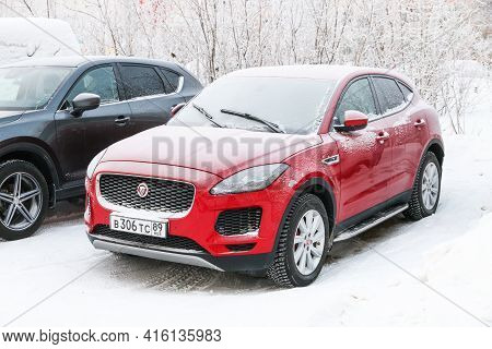 Novyy Urengoy, Russia - January 9, 2021: Compact Crossover Jaguar E-pace In The City Street.