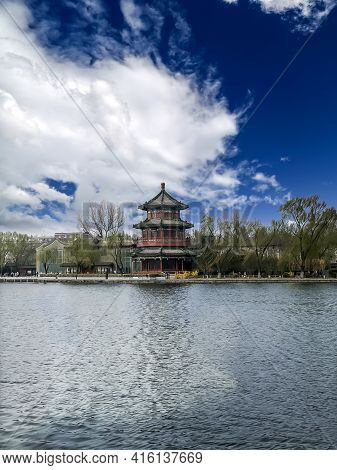 Lakeview At Pagoda Building At Houhai Imperial Lake In Beijing, China