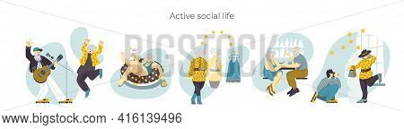 Set Of Isolated Vector Images In Trendy Color Scheme. Elderly People Enjoying Social Life. Seniors A