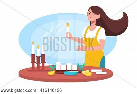Female Character Making Candles With Ingredients For Handmade Candles. Smiling Woman Uses Oils, Wax,