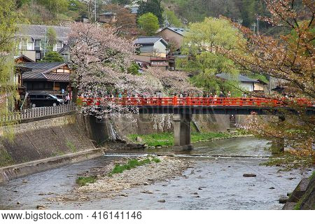 Takayama, Japan - April 29, 2012: People Visit Cherry Blossoms In Takayama, Japan. Takayama Is Among