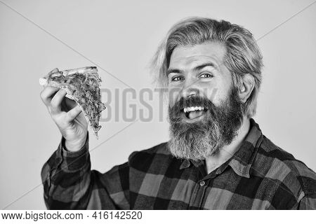 In Mood For Italian Food. Man Bearded Hipster Hold Pizza. Pizza Delivery Service. Delivering Food To