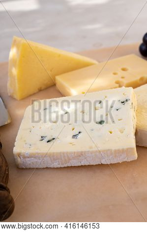 French Cheese Collection On Marble Board, Emmental, Carre De Aurillac, Petit Cantal Aop Jeune, Buche
