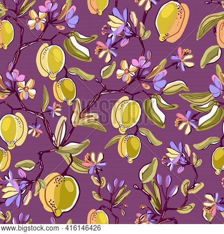 Lemons Blooming Branches Seamless Pattern. Drawn Beautiful Floral Background. Botanical Citrus Plant