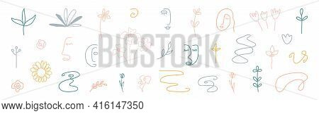 Cute Cover Design Elements. Hand Drawn Line Art Floral Shapes. Abstract Form Background. Organic Sha