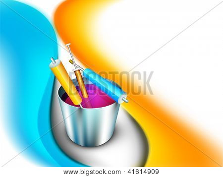 Illustrazione vettoriale di indiano colorato festival Holi con secchio pieno di colori e colori gun (pichk