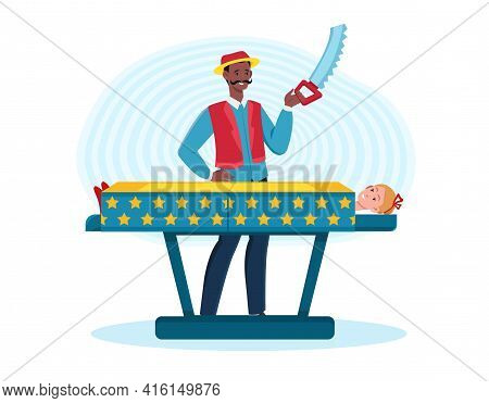 Male Smiling Magician With A Saw Preparing To Saw A Box With Woman Inside. Man Doing A Magical Trick