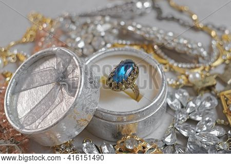 Antique Ring With Blue Gemstone In Box And Jewel Set. Beautiful Fashion And Vintage Jewelry With Pre
