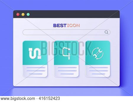 Set Clamp And Screw Tool, Industry Pipe And Wrench Arrows As Workflow Icon. Vector