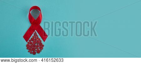 Awareness Oncept With Blood Drop And Red Ribbon. World Hamophilia Day Or Blood Donor Day