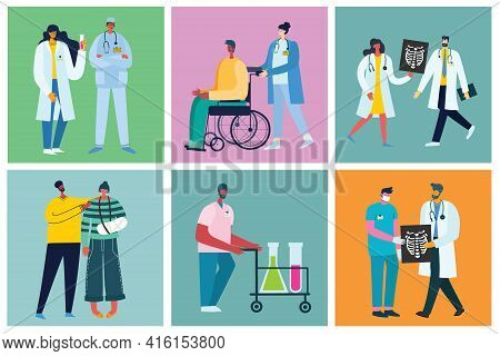 Vector Background With Disabled People, Young Handycap Persons And Friends Near Helping. World Disab