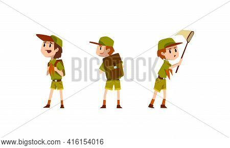 Scouting Boys Activity Set, Boy Scouts Characters Wearing Khaki Uniform Vector Illustration
