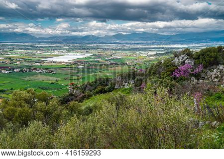 A Stunning Landscape Of Southern Italy From A High Hill, Madonna Del Granato Sanctuary, In April, Wh