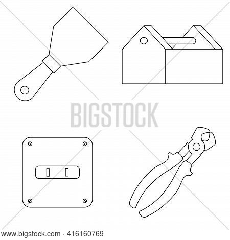 Set Of Work Icons. Putty Knife, Toolbox, Socket Plug, Pliers In Flat Style