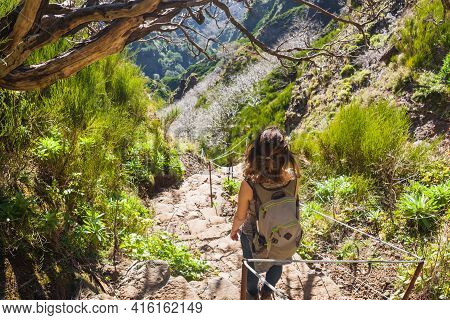 Beautiful Hiking Trail Trekking From Pico Do Arieiro To Pico Ruivo Madeira Island Portugal. Tourist 