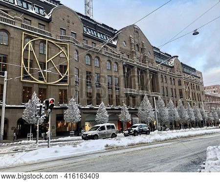 Stockholm, Sweden - February 3, 2019: View Of Nk, Nordiska Kompaniet, Department Store During Winter