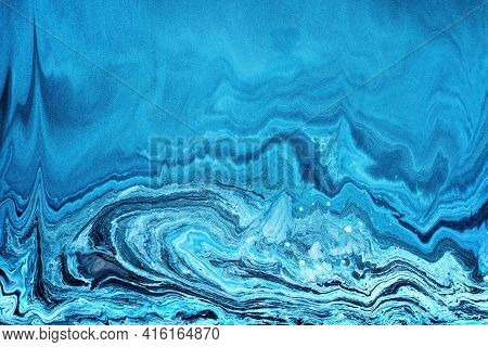 Free Flowing Blue And White Acrylic Paint. Random Waves And Curls. Abstract Marble Background Or Tex