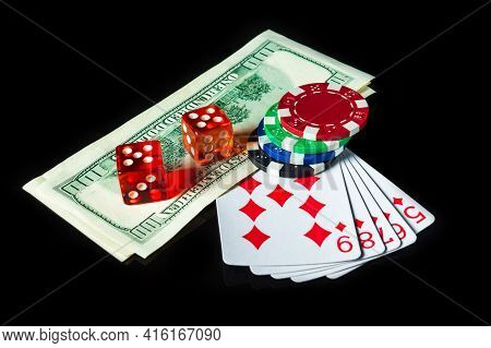 Straight Flush Cards And Dollars With Chips And Dice In Background. Winning Combination At Poker Clu