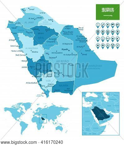 Saudi Arabia Detailed Administrative Blue Map With Country Flag And Location On The World Map. Vecto