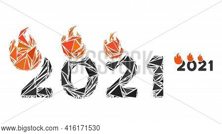 Triangle Mosaic Fired 2021 Year Icon. Fired 2021 Year Vector Mosaic Icon Of Triangle Items Which Hav