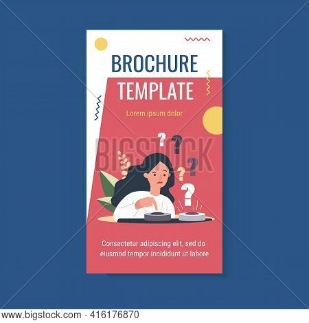 Puzzled Woman Choosing Between Two Buttons And Pushing Blue One. Vector Illustration For Difficult C
