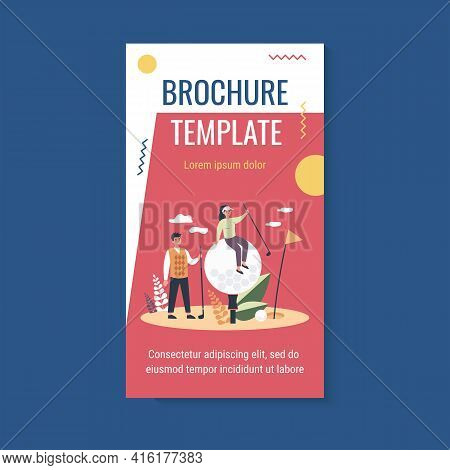 Tiny Golf Players With Brassies And Ball Having Fun On Lawn. Champions Enjoying Game. Flat Vector Il