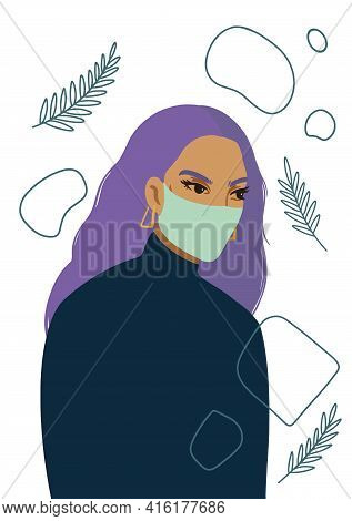 Beautiful Woman With Violet Hairs And Mask On Her Face.