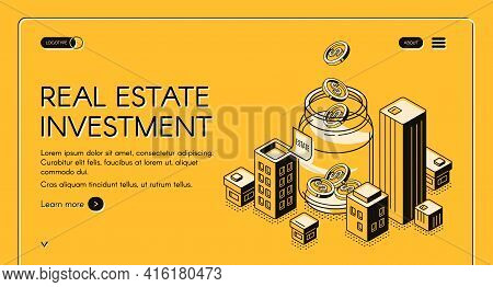 Real Estate Investment Isometric Landing Page, Dollar Coins Falling To Huge Jar Surrounded With City