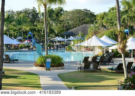 CEBU, PHILIPPINES - APRIL 5, 2016: Shangri-La Mactan Resort and Spa pool. The luxury resort