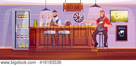 Man In Beer Bar. Visitor At Pub Sit On High Stool At Wooden Desk With Barman Pouring Drink To Cup, B