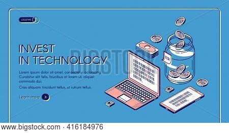 Invest In Technology Isometric Landing Page, Gadgets With Binary Code On Screen, Dollar Coins Fall T