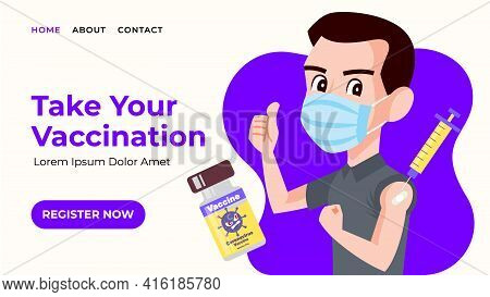 Landing Web Page Template Of Vaccination Registration. Modern Flat Design Web Banner Of Male Take Va