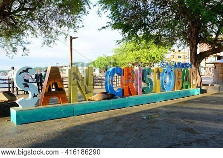 SAN CRISTOBAL ISLAND, GALAPAGOS - FEBRUARY 17, 2017: Colorful San Cristobal sign in Puerto Baquerizo the capital city of the Galapagos Archipelago.