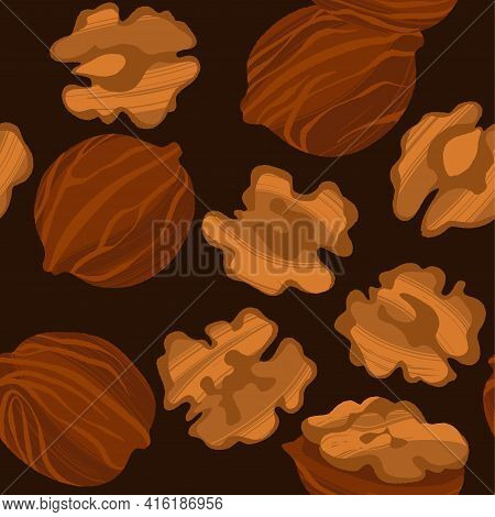 Walnuts Seamless Pattern. Nuts In Shell And Kernels.