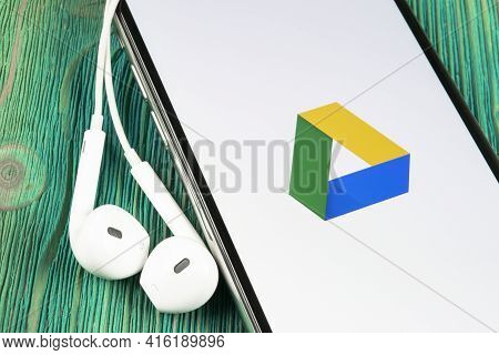 Helsinki, Finland, May 4, 2019: Google Drive Application Icon On Apple Iphone X Screen Close-up. Goo